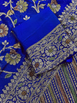Royal Blue pure khaddi georgette banarasi silk saree with antique copper & platinum zari with brush paint — Kaash Collection
