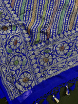 Royal Blue pure khaddi georgette banarasi silk saree with antique copper & platinum zari with brush paint — Kaash Collection