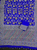 Royal Blue pure khaddi georgette banarasi silk saree with antique copper & platinum zari with brush paint — Kaash Collection