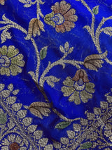Royal Blue pure khaddi georgette banarasi silk saree with antique copper & platinum zari with brush paint — Kaash Collection