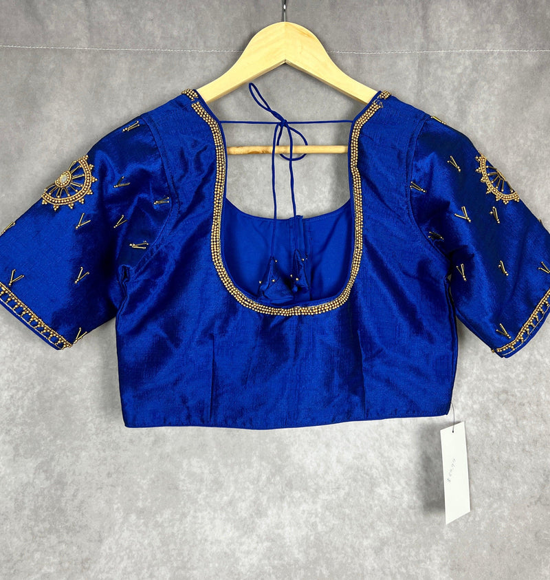 Royal Blue Raw Silk Ready to Wear Blouse | Handwork Blouses | Padded Blouse | Size - 36 | Readymade Saree Blouses | Kaash Blouses - Kaash