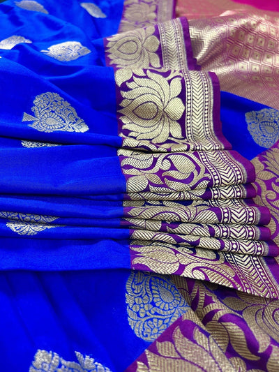 Royal Blue withPurple Border and Pink Pallu Traditional Banarasi Handloom Saree - Kaash
