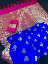 Royal Blue withPurple Border and Pink Pallu Traditional Banarasi Handloom Saree | Floral Design | Banarasi Silk Saree - Kaash