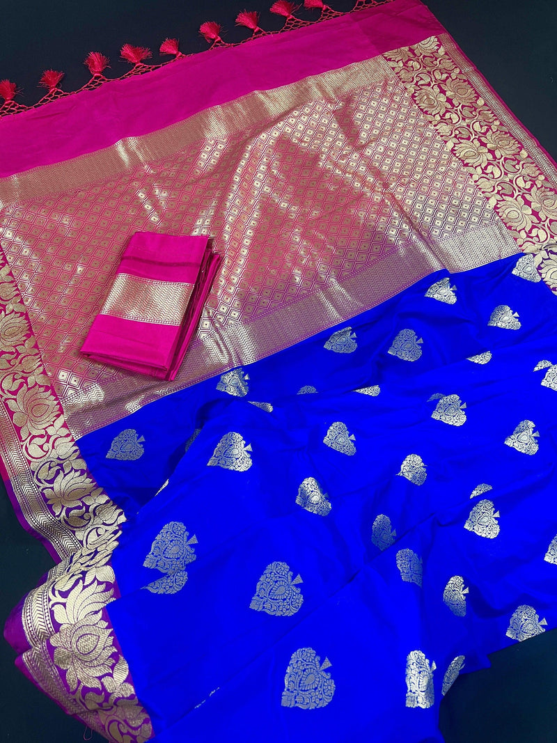 Royal Blue withPurple Border and Pink Pallu Traditional Banarasi Handloom Saree | Floral Design | Banarasi Silk Saree - Kaash