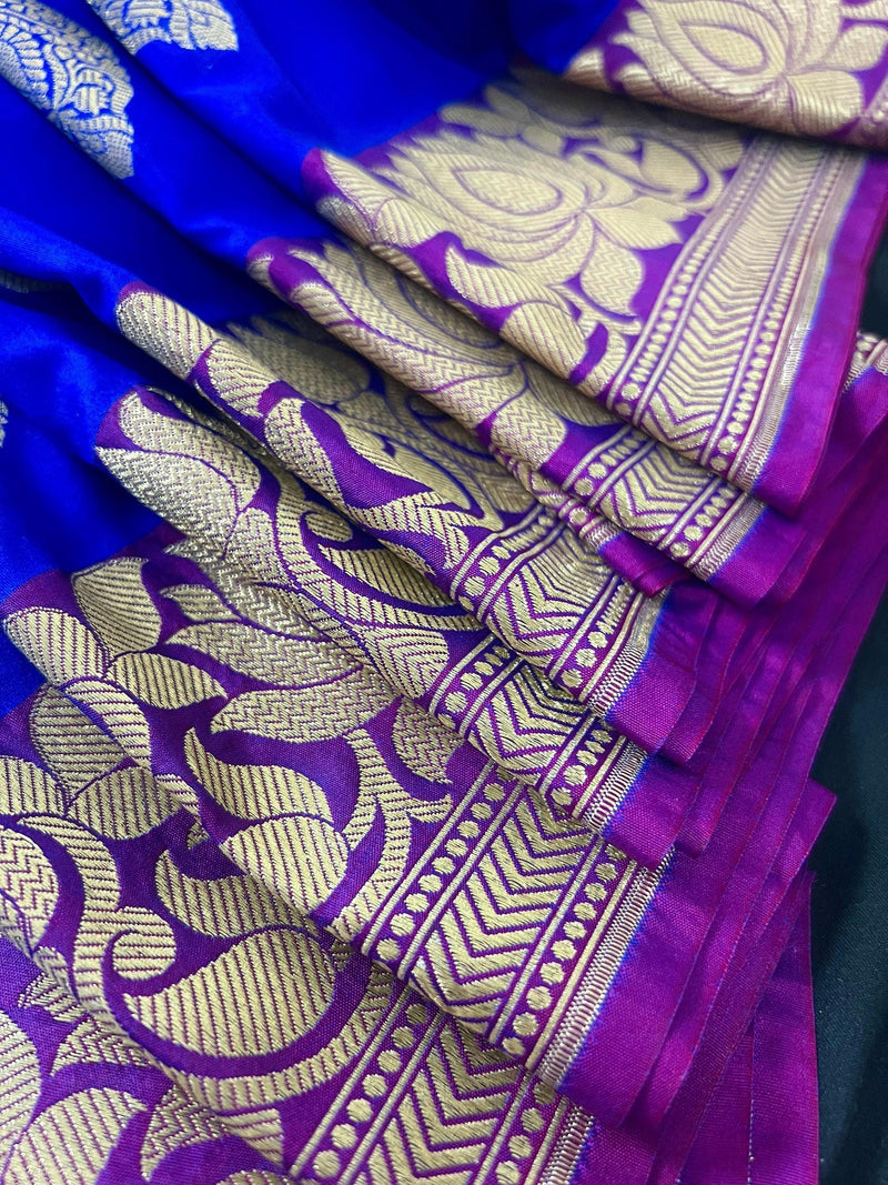 Royal Blue withPurple Border and Pink Pallu Traditional Banarasi Handloom Saree | Floral Design | Banarasi Silk Saree - Kaash