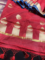 Ruby Red Soft Cotton Silk saree in soft cotton silk with zari buttas with 7.5" banarasi borders — Kaash Collection