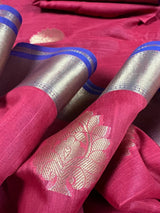 Ruby Red Soft Cotton Silk saree in soft cotton silk with zari buttas with 7.5" banarasi borders — Kaash Collection