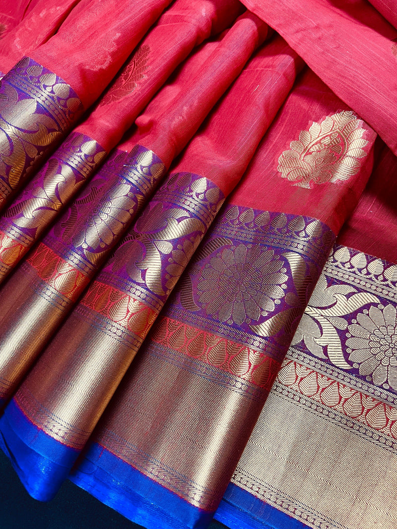 Ruby Red Soft Cotton Silk Saree with Buttas | Zari Weaving buttas | Soft Cotton Silk with Banarasi Borders | Gift for Her | Kaash - Kaash
