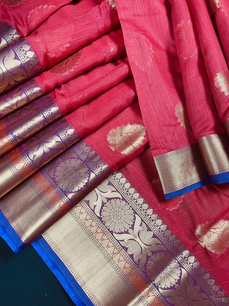 Ruby Red Soft Cotton Silk Saree with Buttas | Zari Weaving buttas | Soft Cotton Silk with Banarasi Borders | Gift for Her | Kaash - Kaash