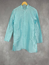 Sea Blue Color Raw Silk Indian Men Short Kurta | Mens Ethnic Wear | Kurtas | Short Kurta for Men | Kaash Kurta for Men | Pastel Color Kurta - Kaash