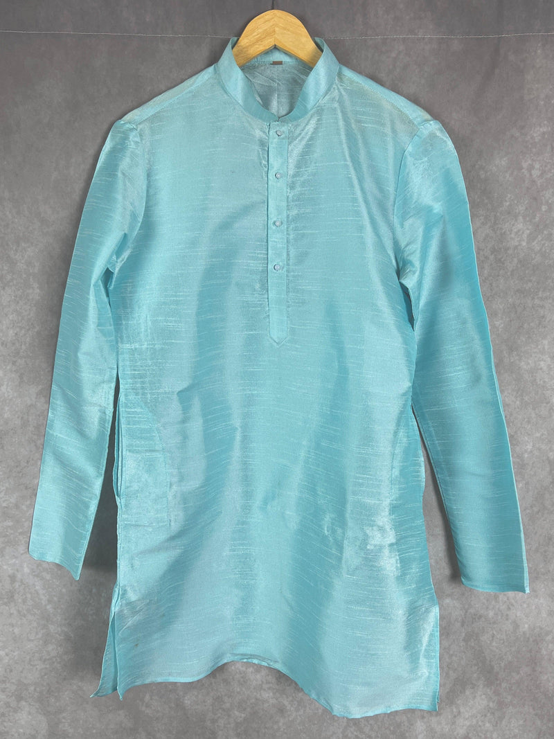 Sea Blue Color Raw Silk Indian Men Short Kurta | Mens Ethnic Wear | Kurtas | Short Kurta for Men | Kaash Kurta for Men | Pastel Color Kurta - Kaash