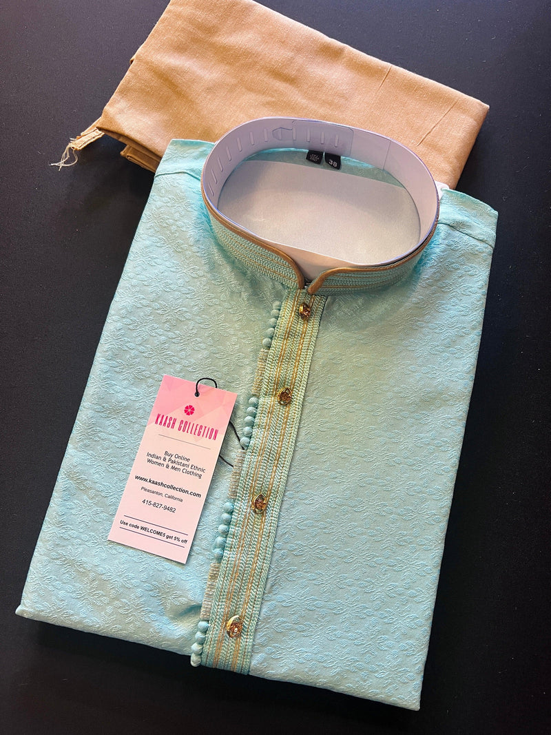 Sea Blue Color Raw Silk Men Kurta Pajama with Self Design Material | Mens Ethnic Wear | Gift For Him | Men's Wedding Kurtas - Kaash