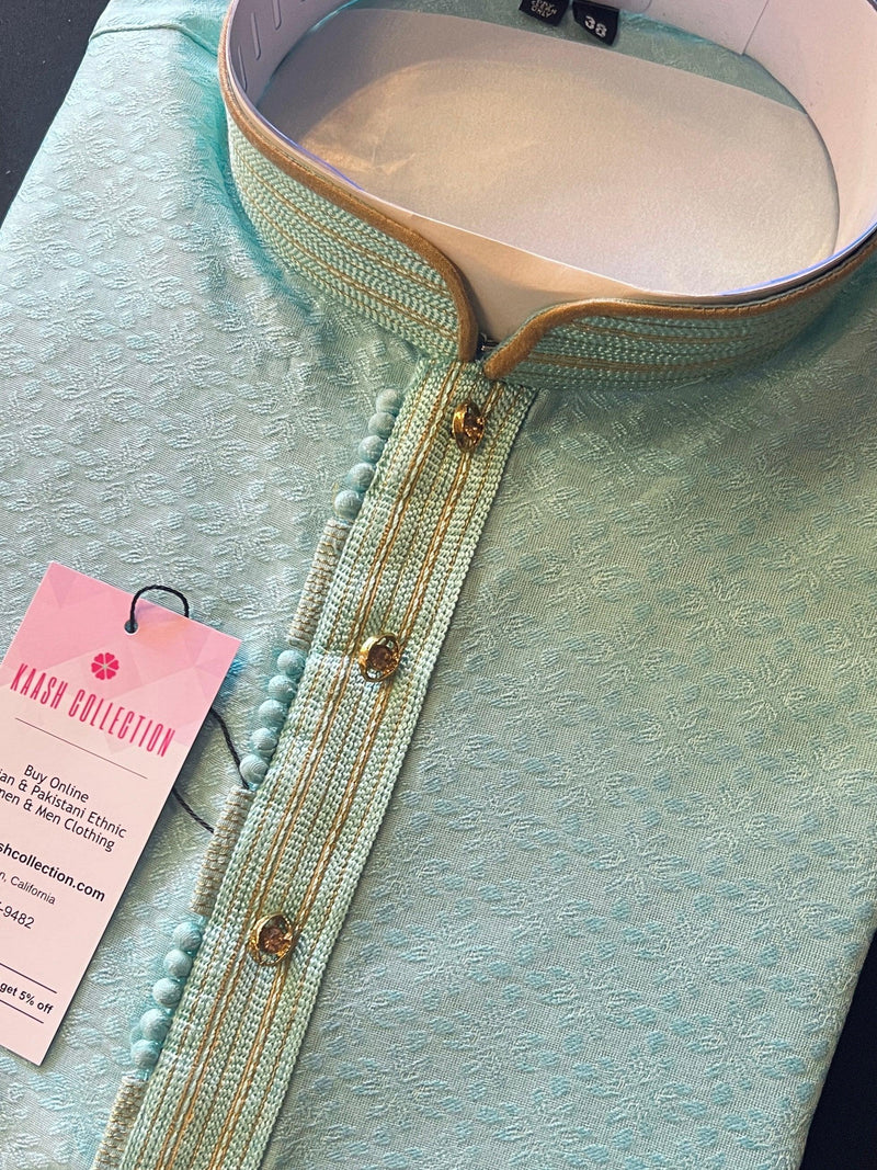 Sea Blue Color Raw Silk Men Kurta Pajama with Self Design Material | Mens Ethnic Wear | Gift For Him | Men's Wedding Kurtas - Kaash