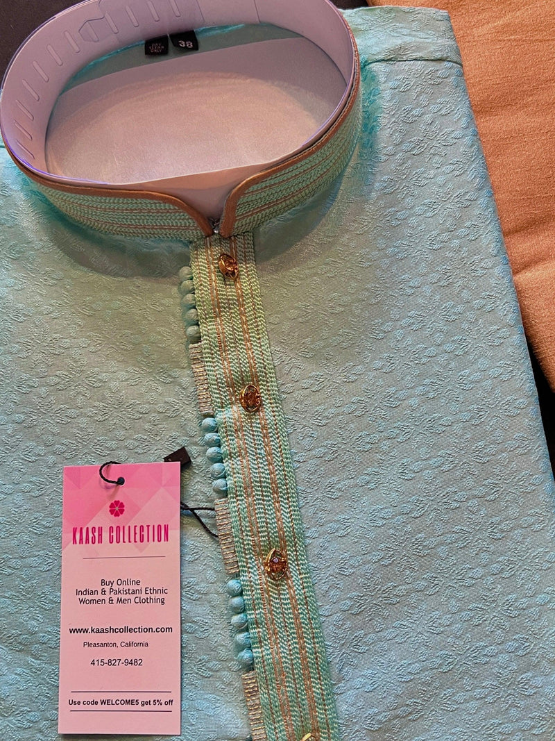 Sea Blue Color Raw Silk Men Kurta Pajama with Self Design Material | Mens Ethnic Wear | Gift For Him | Men's Wedding Kurtas - Kaash