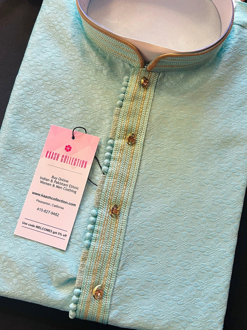 Sea Blue Color Raw Silk Men Kurta Pajama with Self Design Material | Mens Ethnic Wear | Gift For Him | Men's Wedding Kurtas - Kaash