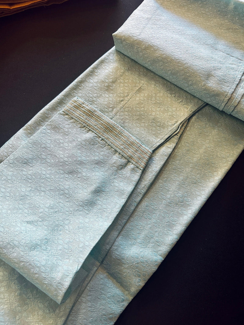 Sea Blue Color Raw Silk Men Kurta Pajama with Self Design Material | Mens Ethnic Wear | Gift For Him | Men's Wedding Kurtas - Kaash