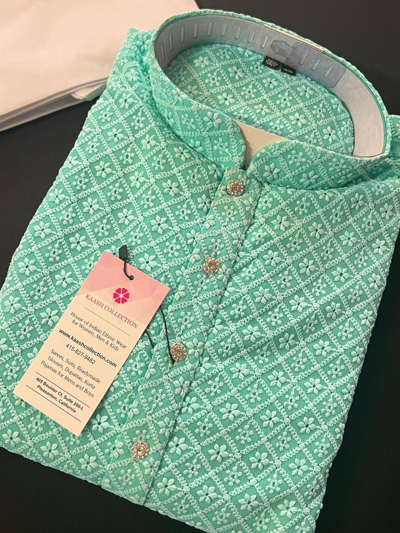 Sea Green men's kurta pajama in georgette with lucknowi chikankari embroidery — Kaash Collection