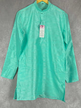 Sea Green Color Raw Silk Indian Men Short Kurta - Kaash