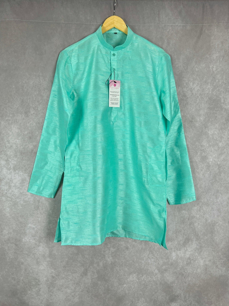 Sea Green Color Raw Silk Indian Men Short Kurta - Kaash