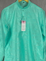 Sea Green Color Raw Silk Indian Men Short Kurta - Kaash