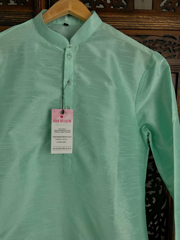 Sea Green Color Raw Silk Indian Men Short Kurta - Kaash