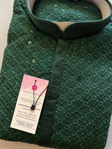 Bottle Green men's kurta pajama in premium georgette with sequin & chikankari embroidery — Kaash Collection
