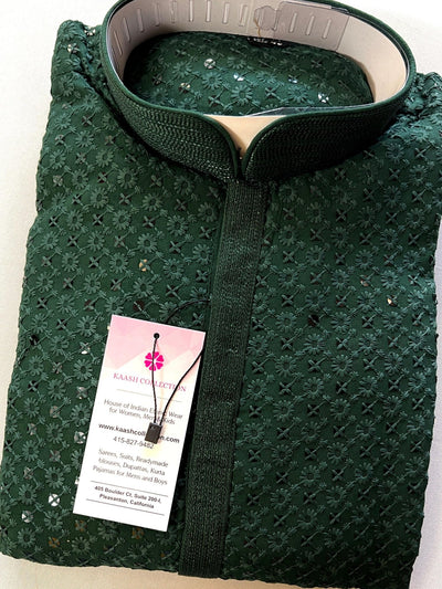 Bottle Green men's kurta pajama in premium georgette with sequin & chikankari embroidery — Kaash Collection