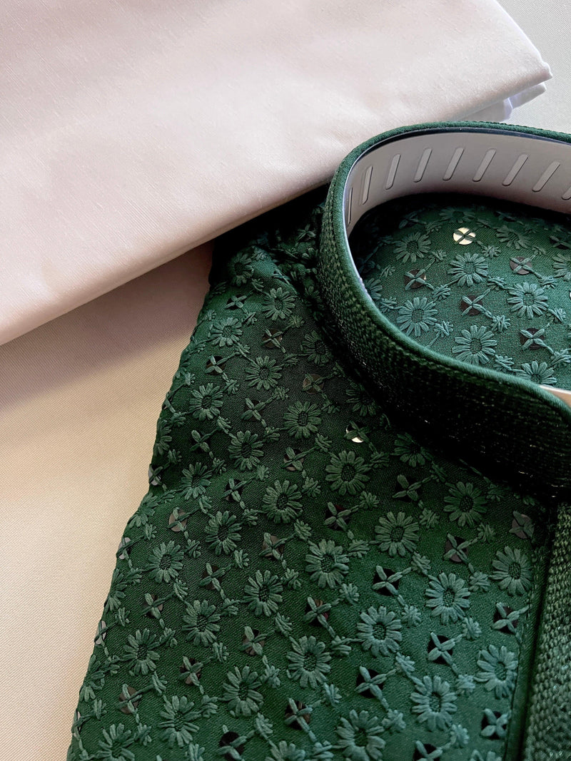 Sequin Chikhenkari Embroidery Kurta Pajama Set in Bottle Green | Wedding Mens Wear | Wedding, Party Wear Kurta | Sequin Chikhenkari Kurta - Kaash