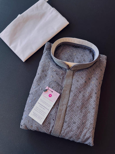 Dark Grey men's kurta pajama in premium georgette with sequin & chikankari embroidery — Kaash Collection