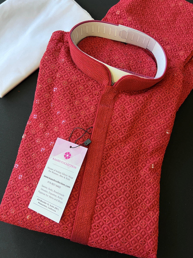 Maroon Red men's kurta pajama in premium georgette with sequin & chikankari embroidery — Kaash Collection