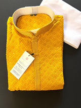 Mustard Yellow men's kurta pajama in premium georgette with sequin & chikankari embroidery — Kaash Collection