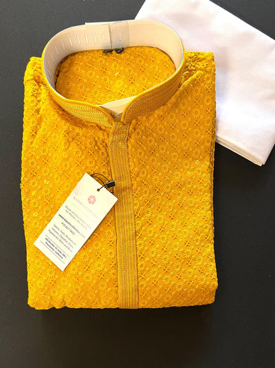 Mustard Yellow men's kurta pajama in premium georgette with sequin & chikankari embroidery — Kaash Collection
