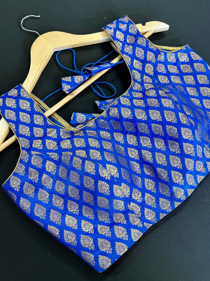 Size 36 | Blue Color Stitched Sleeveless Blouse with Gold Buttis Pure Banarasi | Readymade Blouse | Pink Ready to Wear Banarasi Blouse - Kaash
