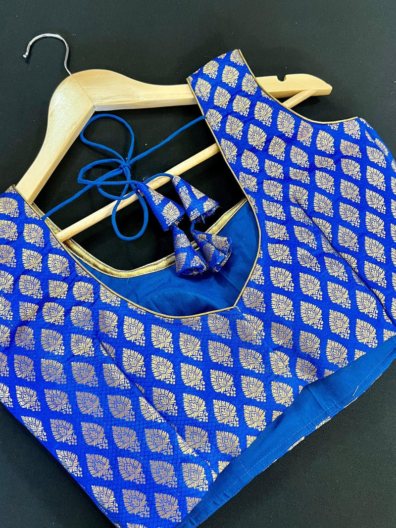 Size 36 | Blue Color Stitched Sleeveless Blouse with Gold Buttis Pure Banarasi | Readymade Blouse | Pink Ready to Wear Banarasi Blouse - Kaash