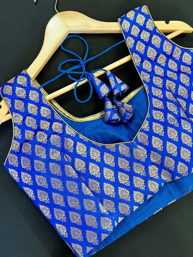 Size 36 | Blue Color Stitched Sleeveless Blouse with Gold Buttis Pure Banarasi | Readymade Blouse | Pink Ready to Wear Banarasi Blouse - Kaash