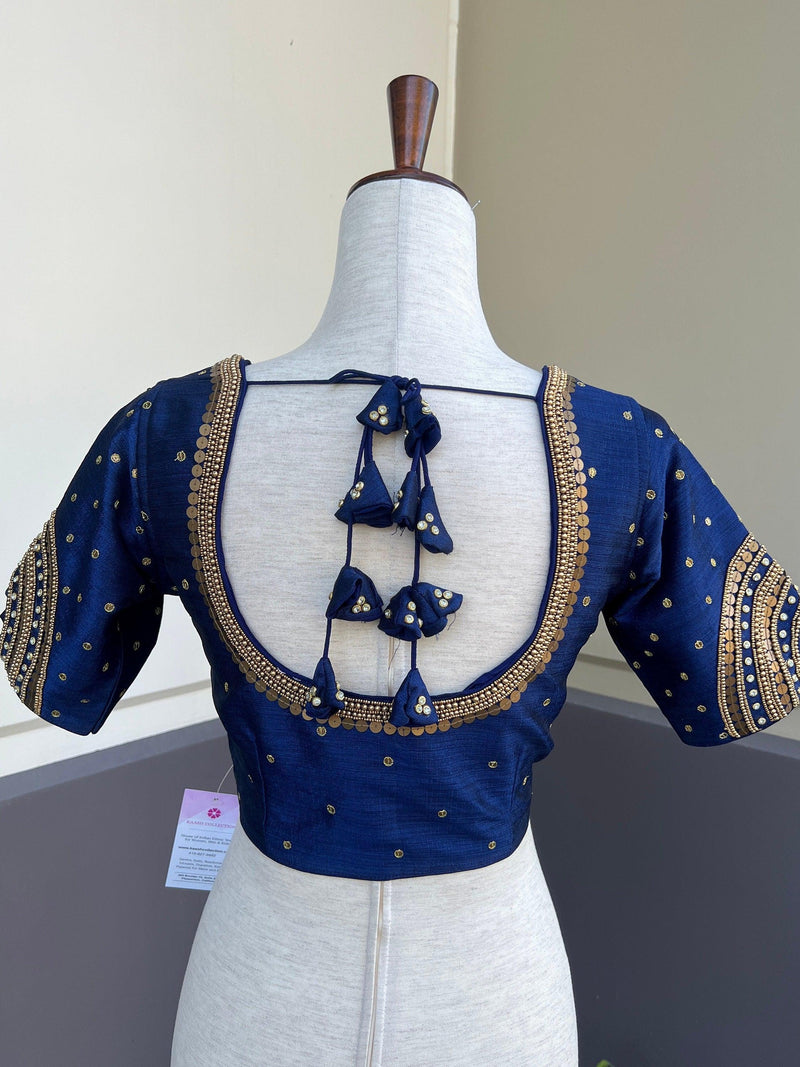 Size 36 | Navy Blue Color Raw Silk Ready to Wear Blouse | Handwork Blouses | Padded Blouse | Readymade Saree Blouses | Blue Color Blouse - Kaash