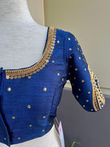 Size 36 | Navy Blue Color Raw Silk Ready to Wear Blouse | Handwork Blouses | Padded Blouse | Readymade Saree Blouses | Blue Color Blouse - Kaash