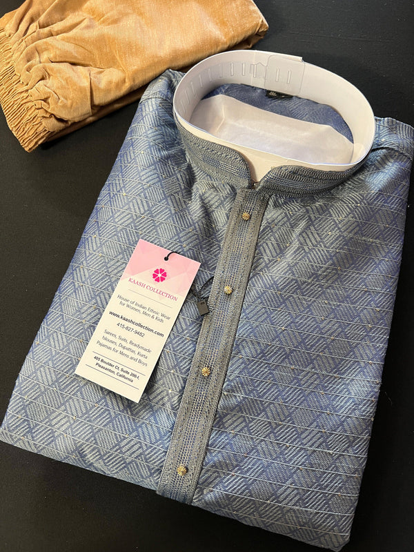 Slate Grey Men Kurta Pajama Set with tiny Sequin Work | Self Embroidered Material | Designer Indian Mens Wear | Kurta for Mens - Kaash