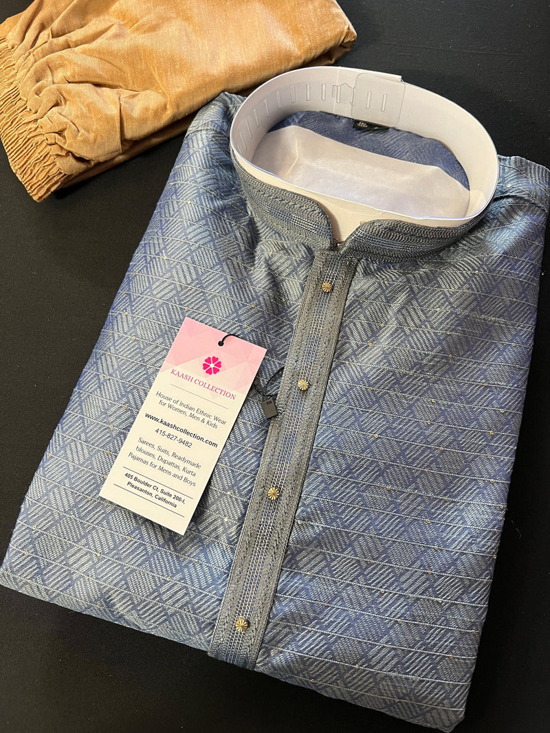 Slate Grey Men Kurta Pajama Set with tiny Sequin Work | Self Embroidered Material | Designer Indian Mens Wear | Kurta for Mens - Kaash