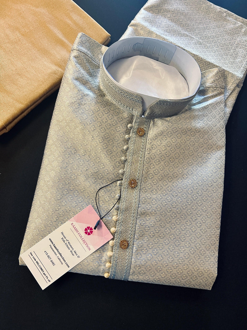 Sliver Grey Soft Silk Color Kurta Pajama Set with butti design on the Kurta | Kurta Pajama for Men | Men Ethnic Wear | Grey Kurta Sets - Kaash