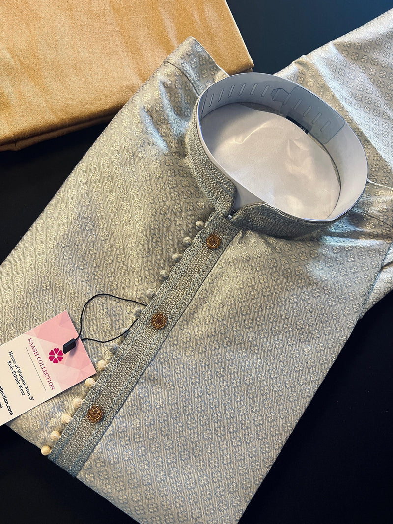 Sliver Grey Soft Silk Color Kurta Pajama Set with butti design on the Kurta | Kurta Pajama for Men | Men Ethnic Wear | Grey Kurta Sets - Kaash