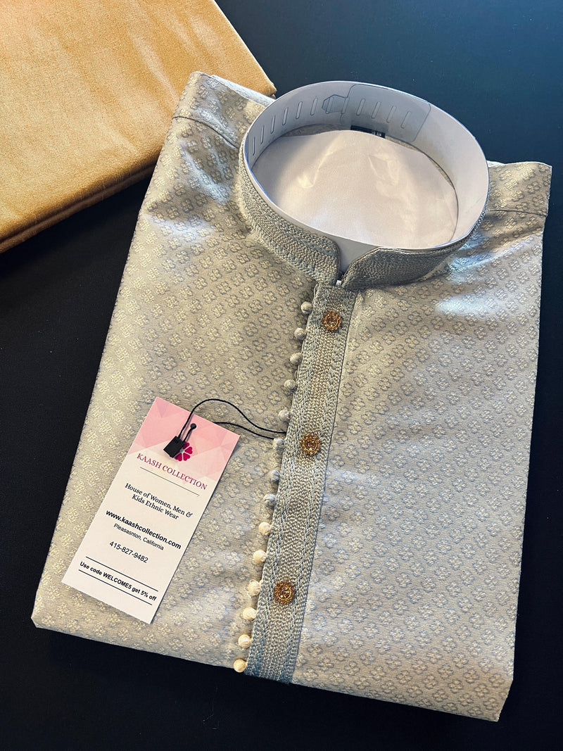 Sliver Grey Soft Silk Color Kurta Pajama Set with butti design on the Kurta | Kurta Pajama for Men | Men Ethnic Wear | Grey Kurta Sets - Kaash