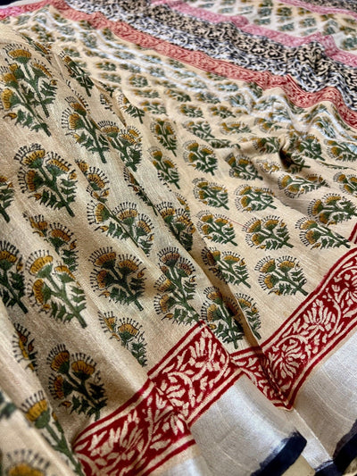 Statement Beige Color Authentic Bangru Hand Block Floral Print Linen Saree - Kaash