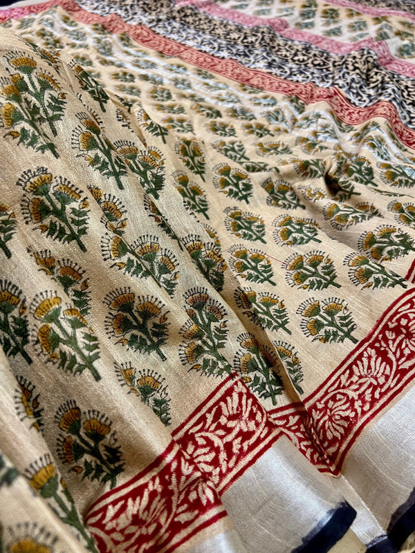 Statement Beige Color Authentic Bangru Hand Block Floral Print Linen Saree | 90 Count Linen Saree with Zari Work | Line Saree | Gift For Her - Kaash