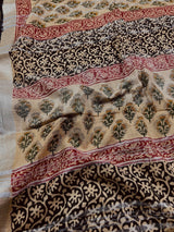 Statement Beige Color Authentic Bangru Hand Block Floral Print Linen Saree | 90 Count Linen Saree with Zari Work | Line Saree | Gift For Her - Kaash