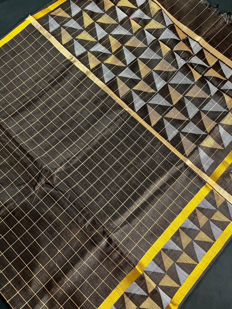 Statement Black Saree with Checks | Handwoven Saree | Semi Raw Silk Saree | Light Weight Saree | Gift for Her | Soft Saree | Kaash Sarees - Kaash