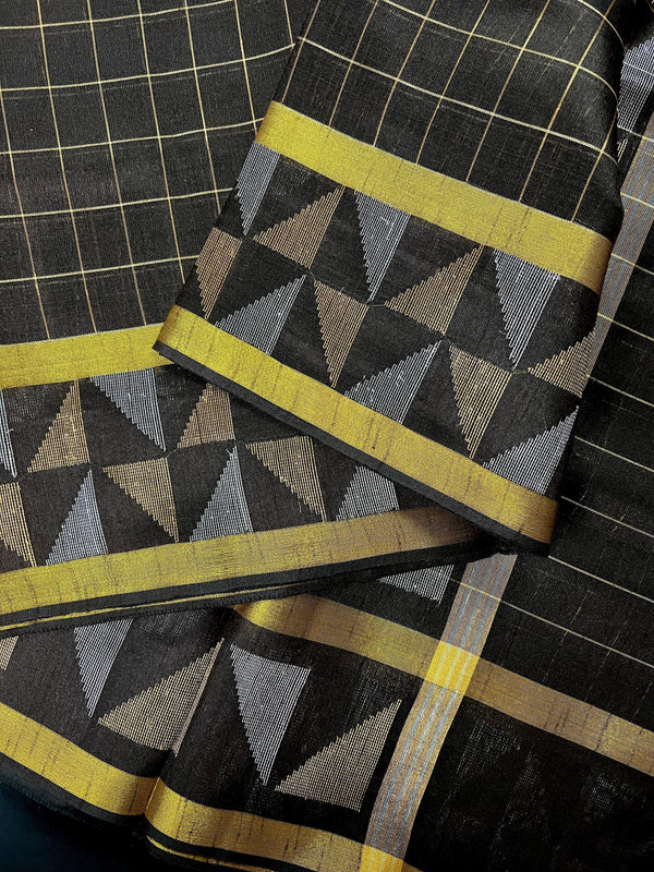 Statement Black Saree with Checks | Handwoven Saree | Semi Raw Silk Saree | Light Weight Saree | Gift for Her | Soft Saree | Kaash Sarees - Kaash