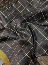 Statement Black Saree with Checks | Handwoven Saree | Semi Raw Silk Saree | Light Weight Saree | Gift for Her | Soft Saree | Kaash Sarees - Kaash