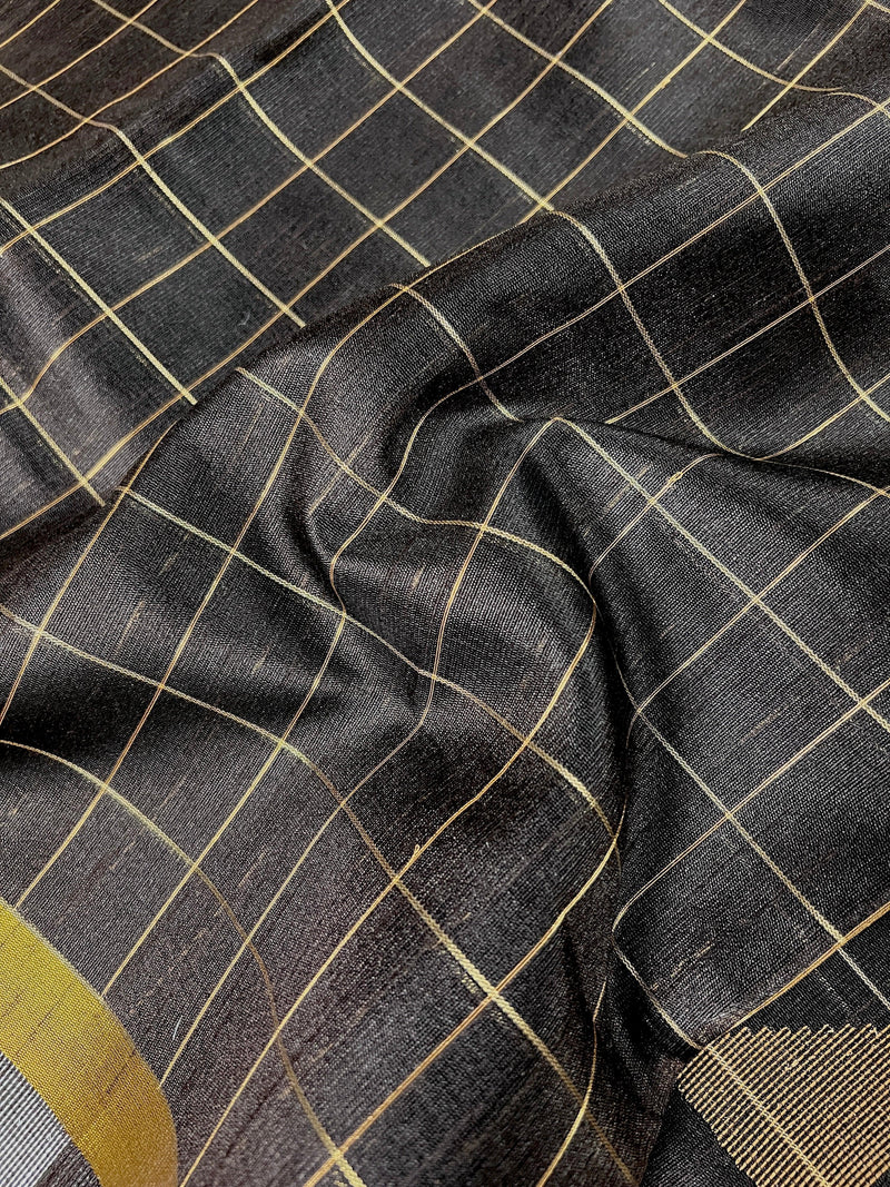 Statement Black Saree with Checks | Handwoven Saree | Semi Raw Silk Saree | Light Weight Saree | Gift for Her | Soft Saree | Kaash Sarees - Kaash