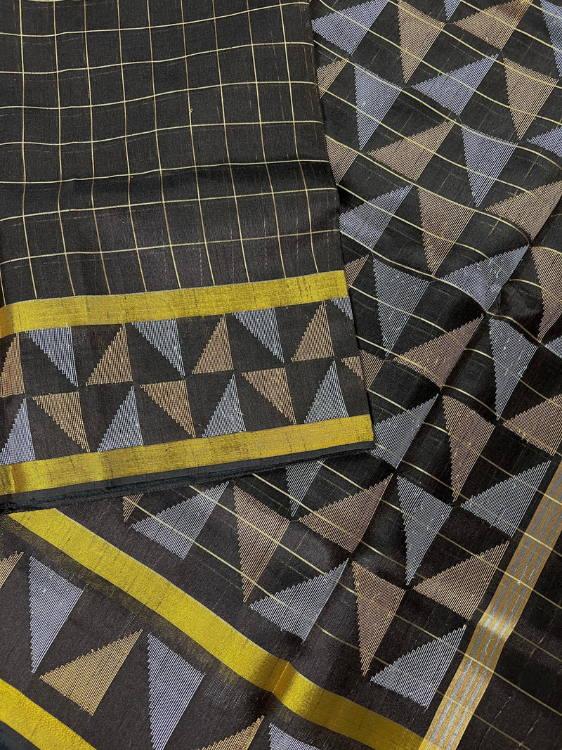 Statement Black Saree with Checks | Handwoven Saree | Semi Raw Silk Saree | Light Weight Saree | Gift for Her | Soft Saree | Kaash Sarees - Kaash